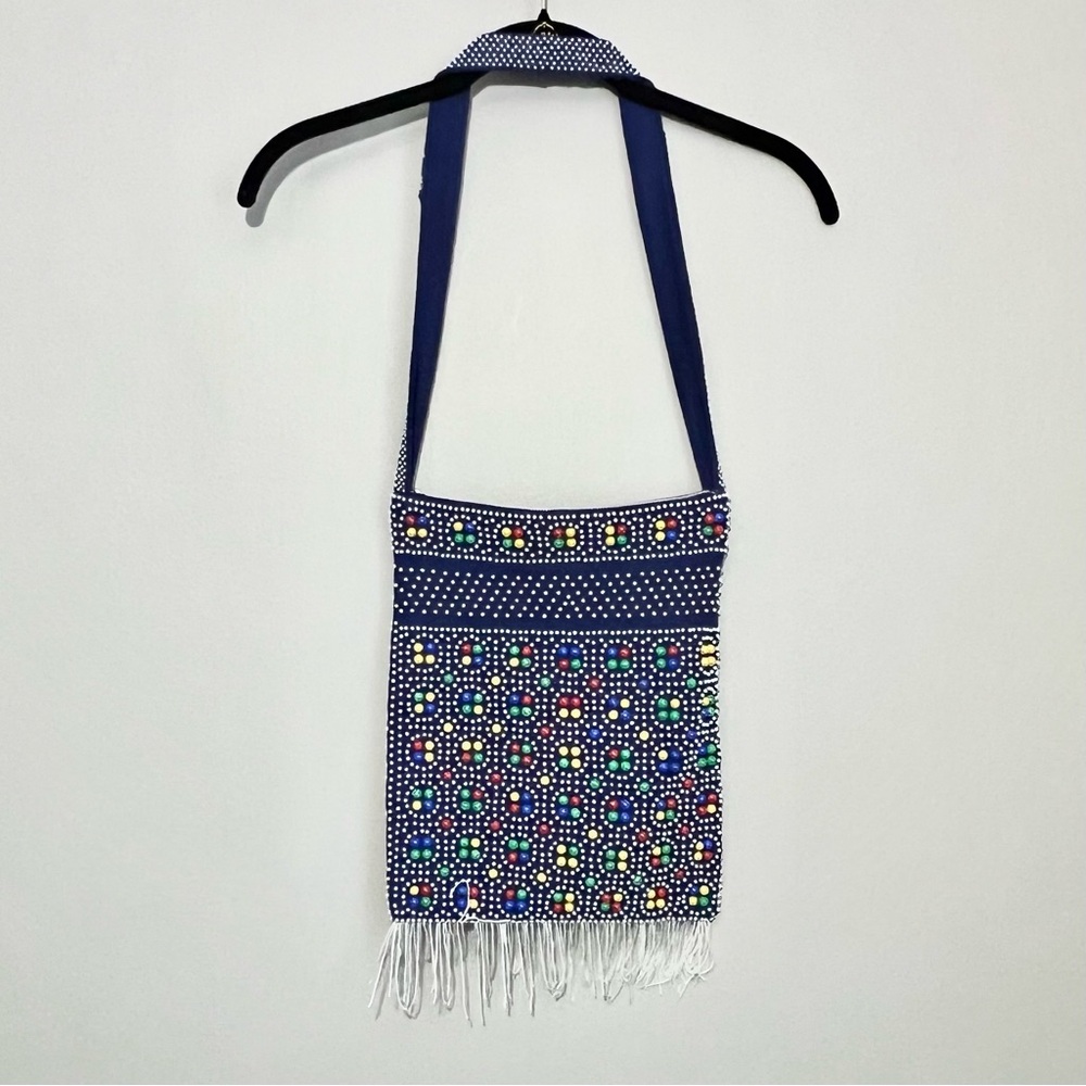 VTG 1960s Blue Shoulder Bag – Plastic Candy Dot Beads & Fringe, Mod Boho Hippie